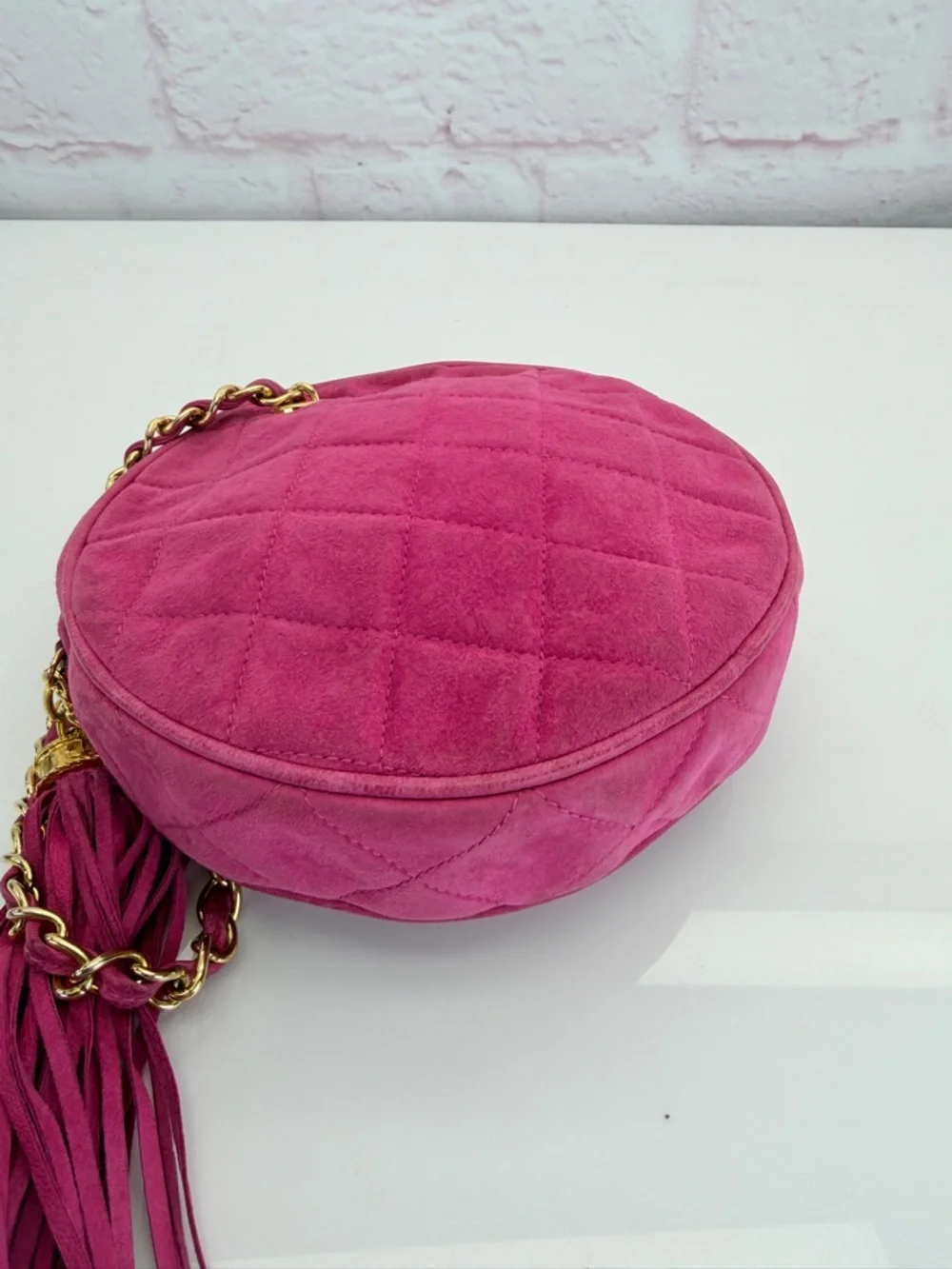 Chanel Hot Pink Quilted Suede Round Clutch on Chain